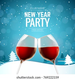 New Year Party Celebration Alcohol Champagne Wine Background. Winter Landscape With Two Glasses And Confetti Holiday Decoration.