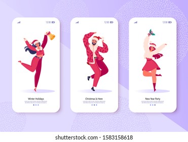 New Year party celebration concept for mobile app page, onboard screen set. Joyful flat characters jumping and dancing. Winter holiday theme. Party with friends. Christmas celebrating.