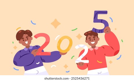 new year party celebration concept. illustration of people celebrating new year festival 2025. following, having fun and enjoying the event. holding numbers. happy new year 2025. flat style design