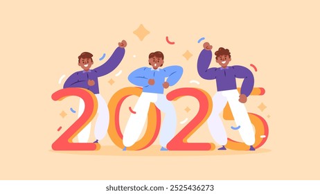 new year party celebration concept. illustration of people celebrating and dancing in new year festival 2025. following, having fun and enjoying the event. happy new year 2025. flat style design