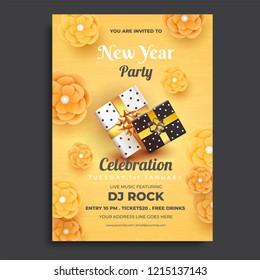 New Year party celebration invitation card or template design with paper flower, time, date and venue details.