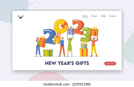 New Year Party Celebration Landing Page Template. Tiny People Exchange Gifts, Holding Huge 2023 Numbers. Friends, Colleagues or Family Congratulations, Greeting Card. Cartoon Vector Illustration