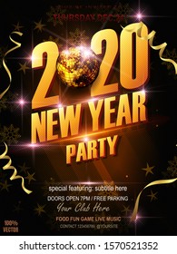 New Year Party Celebration Poster Template Design with 3d 2020 Number,serpentine, Disco Ball on black Background with golden snow, stars. Vector Holiday for your Happy New Year