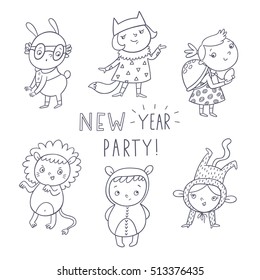 New year party. Children's masquerade. Kids in animal costumes. New year vector set