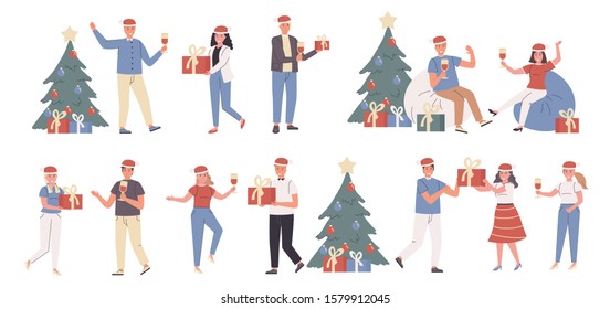 New Year party, Christmas celebration, winter holiday flat vector illustrations set. Conviviality, festive mood. Smiling people with Xmas gifts cartoon characters bundle isolated on white background.
