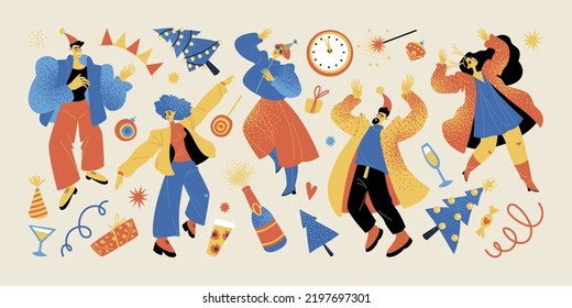 New Year party collection with funny dancing characters, Christmas trees, sparkling wine, gifts and confetti. Cartoon illustrations in flat style