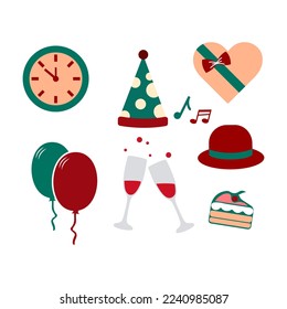 New Year Party Collections Icon. Hand drawn New Year Icon Set. New Year party celebration. New year stickers. Vector icon.