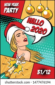 New Year Party comic stile. Woman in santa claus hat with speech bubble vector illustration.