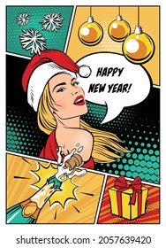Comic-Stile der Neujahrspartei. Frau im Weihnachtsmütze mit Redeblase Pop Art Illustration.