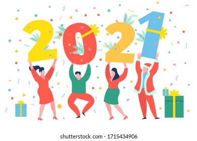 New Year party concept. Business people dancing and holding numbers 2021. Preparing to meet the new year. Flat design, vector illustration.