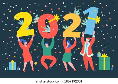 New Year party concept. Business people dancing and holding numbers 2021 on dark background. Preparing to meet the new year. Flat design, vector illustration.