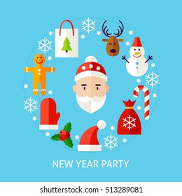 New Year Party Concept. Flat Poster Design Vector Illustration. Collection of Winter Holiday Objects.