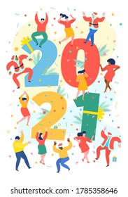 New Year party concept. Multinational Business people dance next to numbers 2021. Preparing to meet the new year. Flat design, vector illustration.