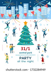 New year party concept vector illustration Flyer invitation to a New Year's party, Merry Christmas and New Year, people dancing in a town square near a Christmas tree the background of a night city 