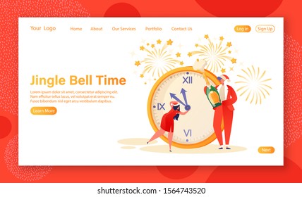 New Year party concept for web design, banner, mobile app, landing page. Tiny flat people characters in santa claus costume. On big dial women rotates arrows, man opens champagne. Time to celebrate.