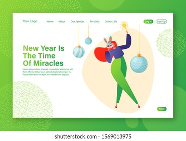 New Year party concept for website landing page. Happy female character dancing in a bunny mask with sparkler in hand. Xmas holidays celebration theme for web page banner. Cartoon flat, vector.