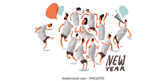 New Year Party With Dance And Music. Vector Doodle Sketch Style