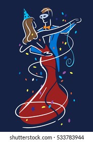 New year party dancers.
Colorful stylized illustration of Young couple dancing ballroom dance.Vector available.