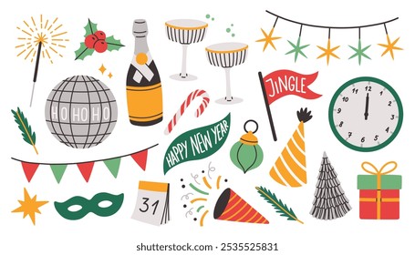 New Year party decoration. Hand drawn flat vector isolated elements on white background for decoration, poster, stickers