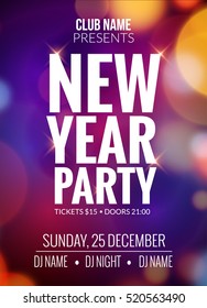 New Year Party Design Banner. Event Celebration Flyer Template Bokeh Lights. New Year Festive Poster Invitation 2017