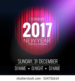 New Year party design banner. Event celebration flyer template with red curtains. New year festive poster invitation 2017.