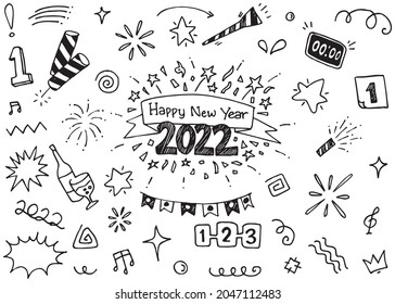 New year party doodle elements in black isolated over white background. vector illustration