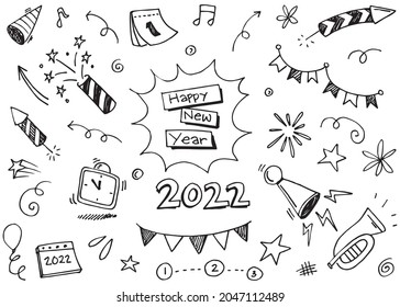 New year party doodle elements in black isolated over white background. vector illustration