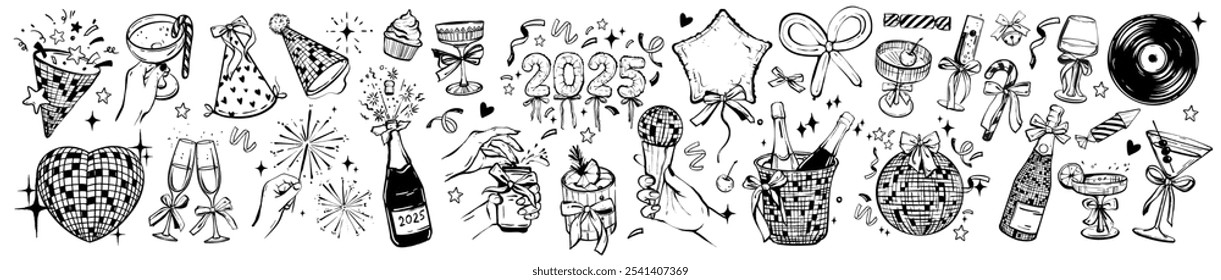 Ano novo partido doodle ícone conjunto, vetor feriado noite disco mão desenhada ilustração, espelho bola. Feliz Natal celebração de bebidas de carnaval, copo de vinho, espumante fogo de artifício, popper. Confete de Ano Novo