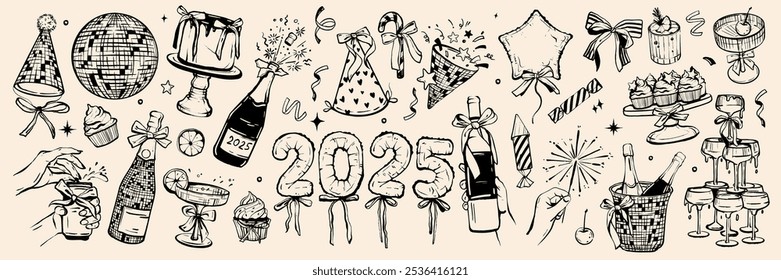 New Year party doodle set, vector hand drawn celebration holiday night icon, disco ball club sign. 2025 festive carnival illustration, alcoholic cocktail glasses, paper popper firework. Party doodle