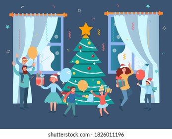 New Year Party with the family. Christmas family gatherings around the Christmas tree. Concept vector illustration