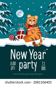 New Year party flyer. Bright vector illustration in cartoon style. Tiger, symbol of Chinese New Year 2022, Lollipop, gifts, winter, holly. For advertising banner, poster, flyer