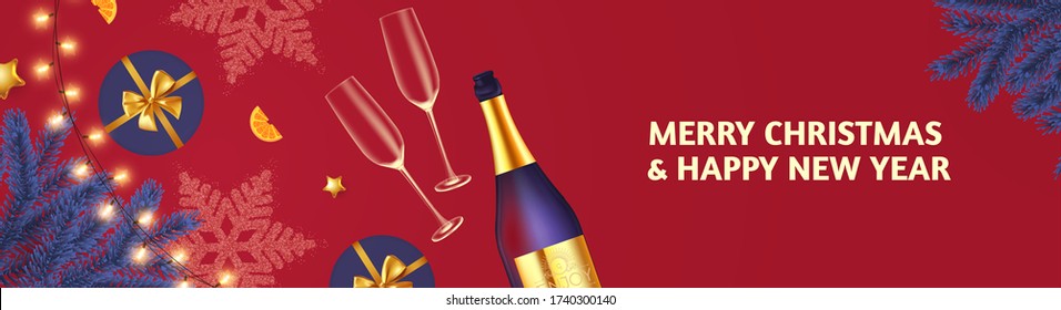 New year party flyer. Christmas poster design template with gifts, champagne glasses, snowflakes ans fir tree branches.