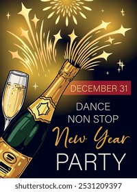 New Year party flyer colorful with wineglass and bottle champagne and fireworks near invitation to dance in nightclub vector illustration