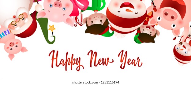 New Year party flyer design. Upside down Christmas team of elves, Santa Claus, snowmen and pigs having fun. Illustration can be used for greeting cards, banners, posters