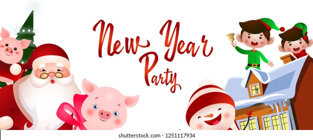 New Year party flyer design. Happy elves on rooftop, snowman, pigs, Santa Claus, Xmas tree and house on white background. Illustration can be used for greeting cards, banners, posters