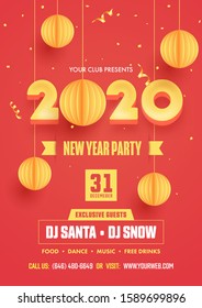 New Year Party Flyer Design with 3D Yellow 2020 Text and Hanging Paper Cut Baubles Decorated on Red Background.