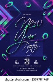 New Year Party Flyer Design Decorated with Abstract Geometric Elements on Blue Background.