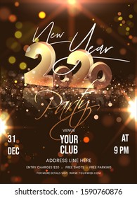 New Year Party Flyer Design with 3D Golden 2020 Text and Event Details on Brown Bokeh Lighting Effect Background.