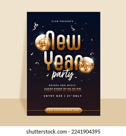 New Year Party Flyer Design Decorated With 3D Disco Balls, Golden Confetti And Event Details.