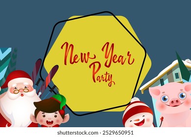 New Year party flyer design. Joyful snowman, elf, pig and Santa Claus with skis celebrating on ski resort. Illustration can be used for greeting cards, banners, posters