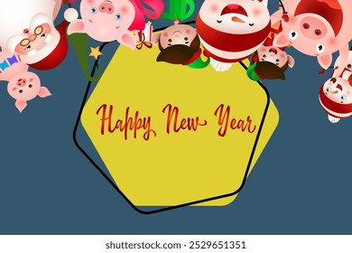 New Year party flyer design. Upside down Christmas team of elves, Santa Claus, snowmen and pigs having fun. Illustration can be used for greeting cards, banners, posters