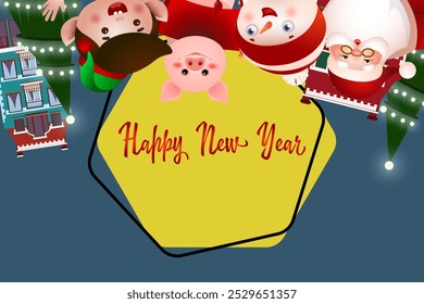 New Year party flyer design. Upside down Santa Claus, elf, snowman, pig, fir tree and houses on abstract background. Illustration can be used for greeting cards, banners, posters