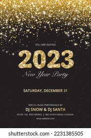 New Year party flyer. Holiday poster design A4, A5 format. Sparkling golden glitter numbers 2023. Gold glitter dust falling. Open sans free font used.