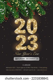 New Year party flyer. Holiday poster design A4, A5 format. Sparkling golden glitter numbers 2023. Christmas tree branch with decoration. Open sans free font used.