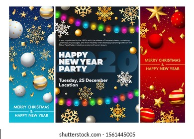 New Year party flyer set with string of lights, gold snowflakes, baubles. Vector illustration for announcement poster, greeting card, banner design