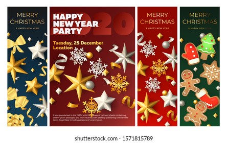 New Year Party flyer set with snowflakes, confetti, streamer, ribbons, bows, gingerbread cookies. Vector illustration for festive poster, greeting card, announcement banner design