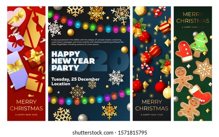 New Year Party flyer set with string of lights, baubles, gift boxes, hanging balls, gingerbread cookies. Vector illustration for festive poster, greeting card, announcement banner design