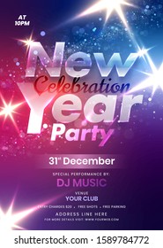 New Year Party Flyer or Template Design with Event Details on Colorful Bokeh Lighting Effect Background.