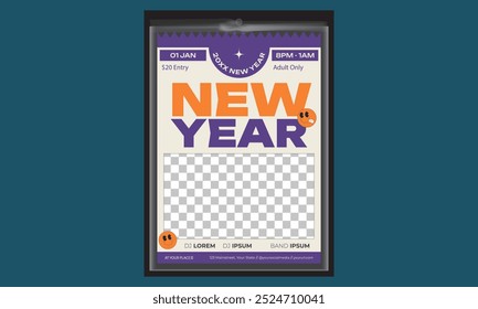 Neujahrsparty-Flyer. Vektorgrafik. Winterurlaub einladen, Schneeflocken und Streamer. Minimaler Flyer, Broschürenbelegvorlage.