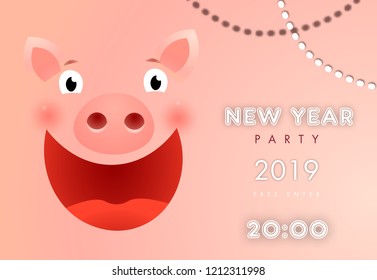 New Year party funny invitation design. Inscription with cute piggy face, information and pretty necklace in left upper corner. Can be used for invitations, greeting cards, posters